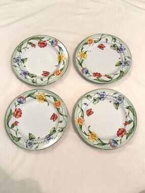 4 Vintage Coventry Fine Porcelain 8" Salad Plates Secret Gardens Floral Cottage